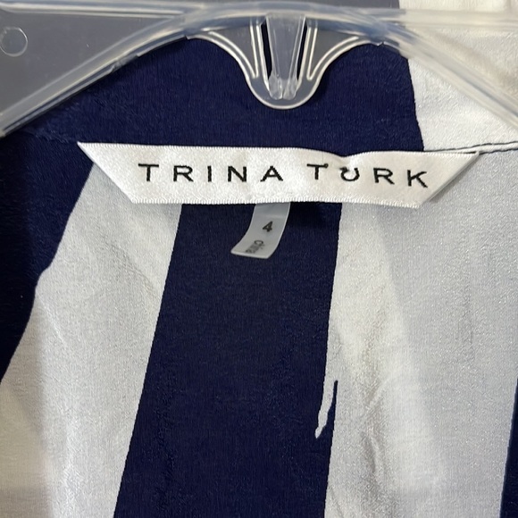 Trina Turk 100% silk indigo white geometric print button down maxi shirt dress - Picture 4 of 11